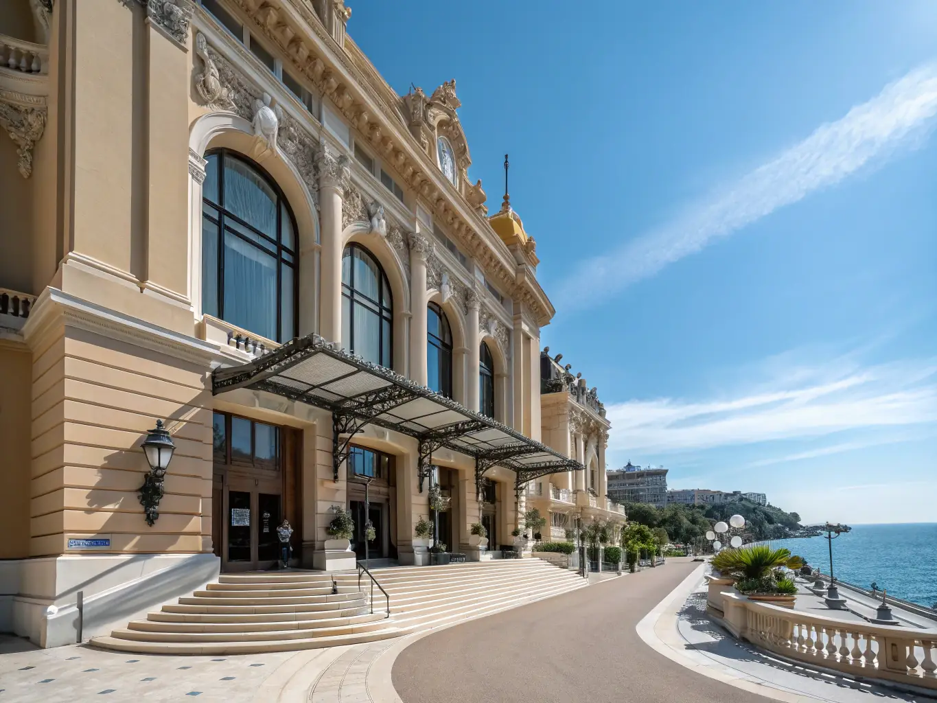 A wide shot of Casino de Monte Carlo in Monaco, showcasing its grand architecture and luxurious ambiance, with a view of the Mediterranean Sea in the background.