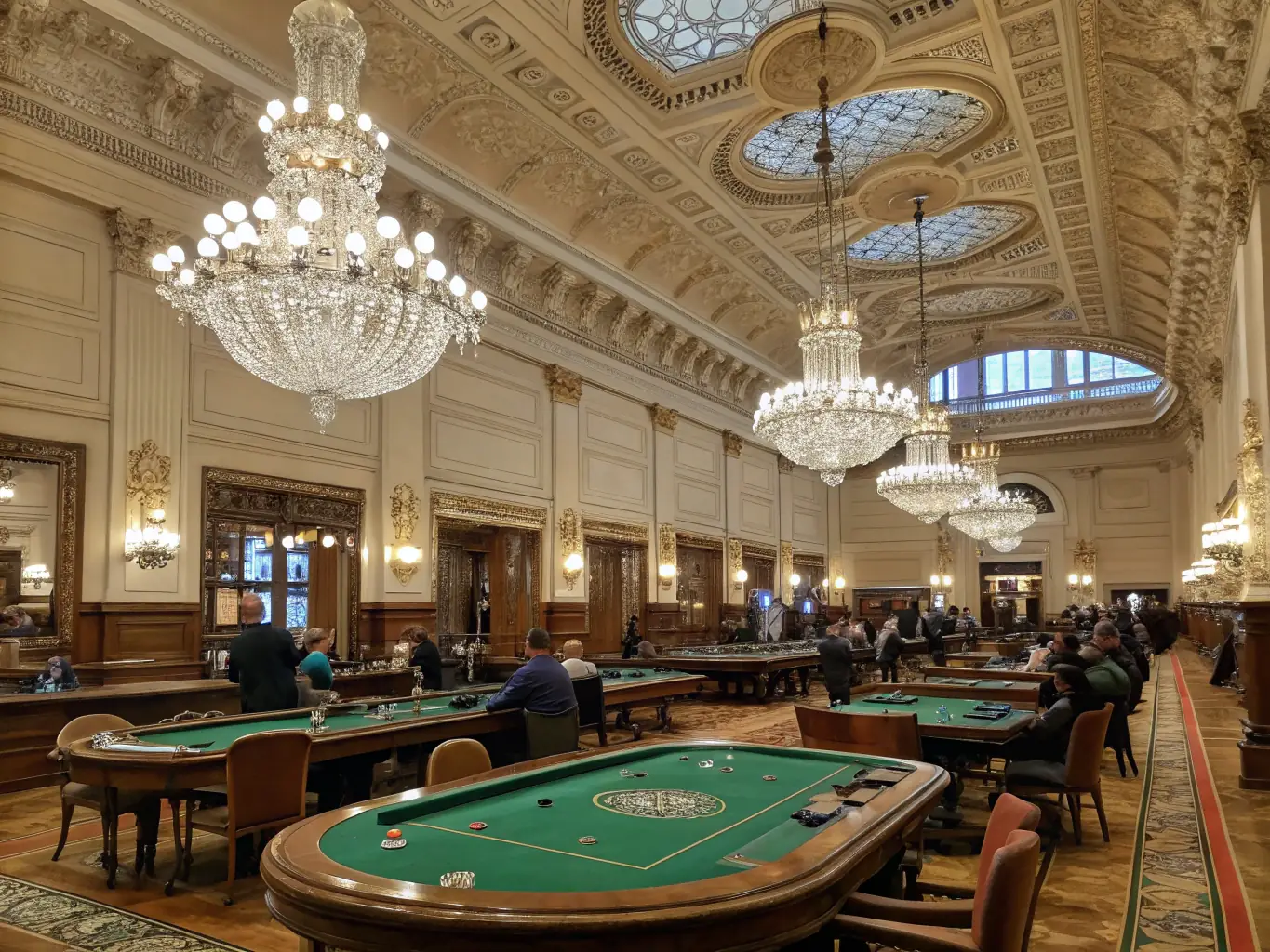 A detailed interior shot of Casino Baden-Baden in Germany, highlighting its opulent design, crystal chandeliers, and classic gaming tables.