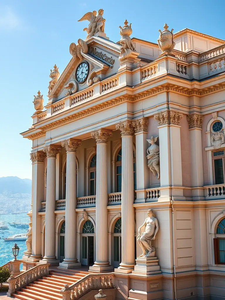 A high-quality photograph of Casino de Monte-Carlo in Monaco, showcasing its opulent architecture and luxurious ambiance, with a view of the Mediterranean Sea in the background.